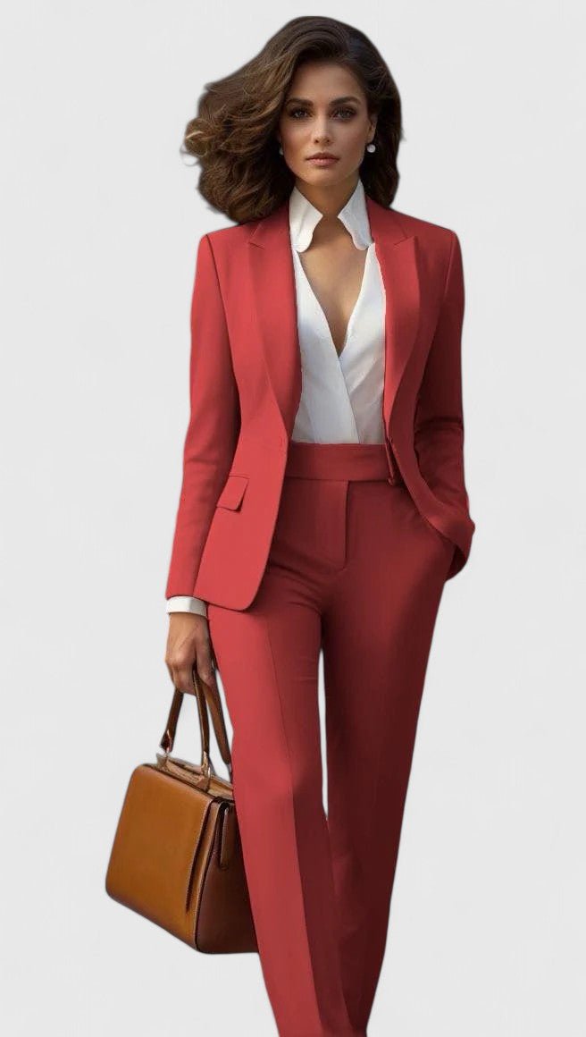 Front view of lapels, button closure and straight legs, light red
