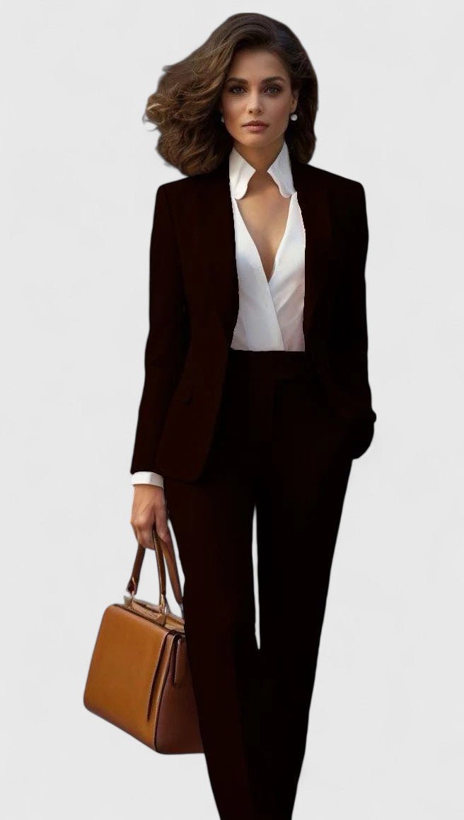 Front view of lapels, long sleeves and straight leg pants, black