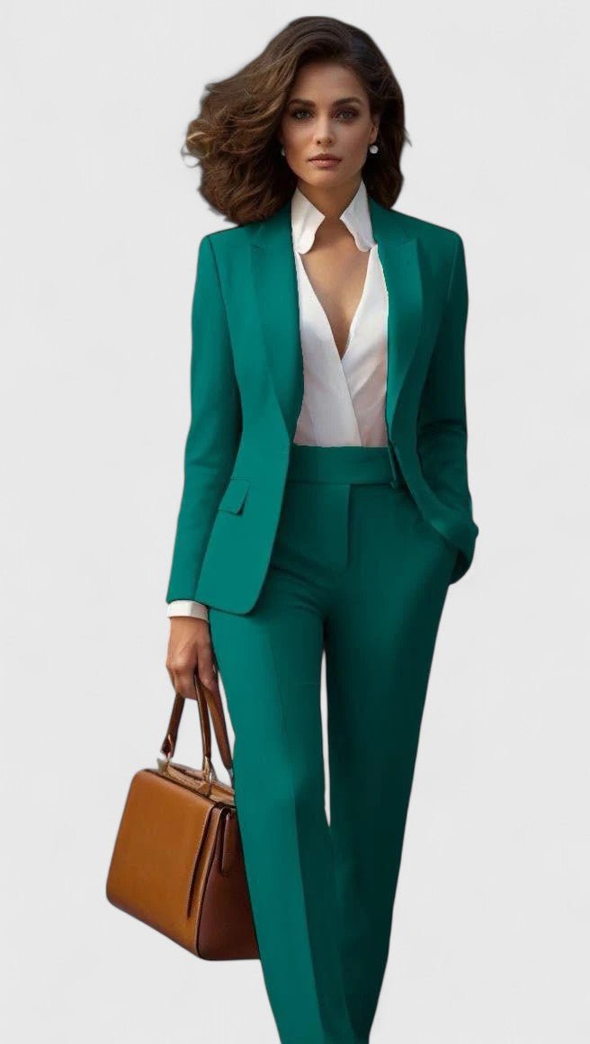 Front view of lapels and flap pockets with straight legs, green