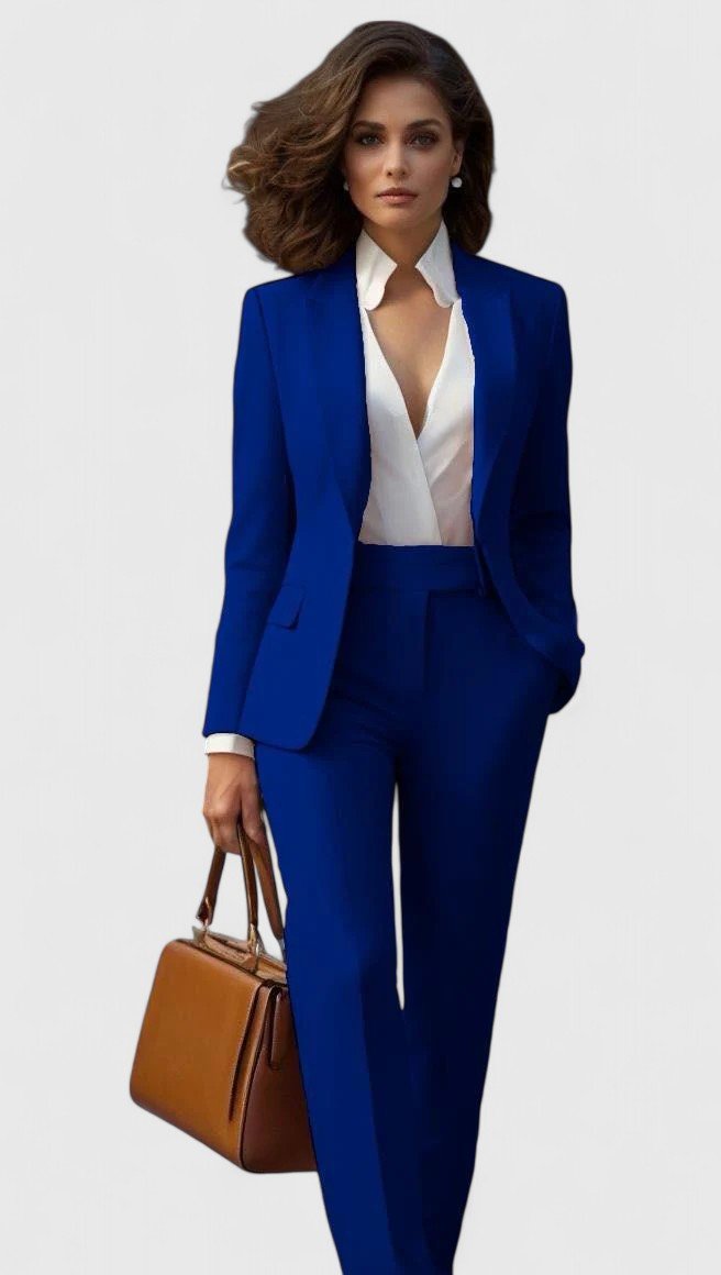 Front view of lapels, long sleeves and straight leg pants, blue