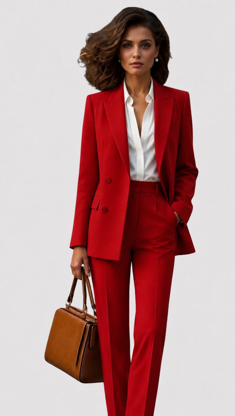 Front view of lapels with button closure and straight leg pants, red