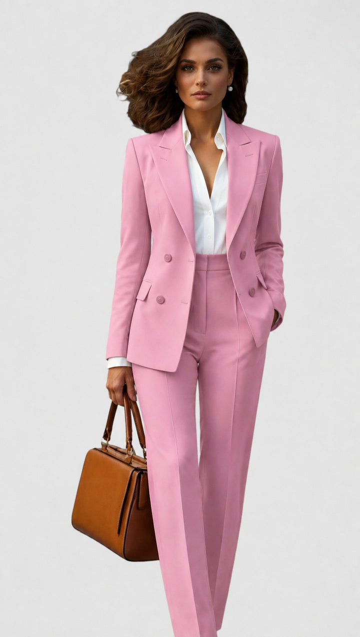 Front view of lapels, button closure and flap pockets, pink