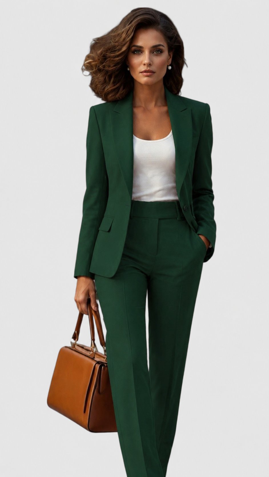 Front view of lapels, long sleeves and straight leg pants, dark green