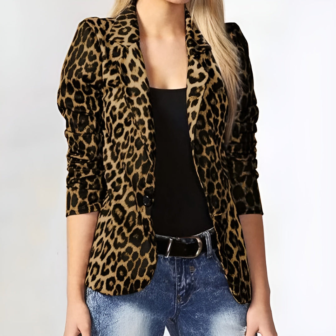 Roseville | Women’s Leopard Print Notched Lapel Long Sleeve Blazer