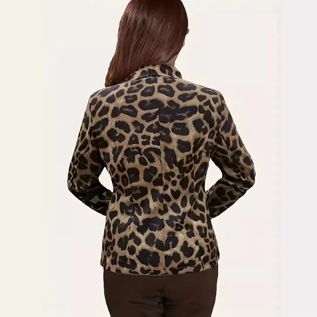 Roseville | Women’s Leopard Print Notched Lapel Long Sleeve Blazer