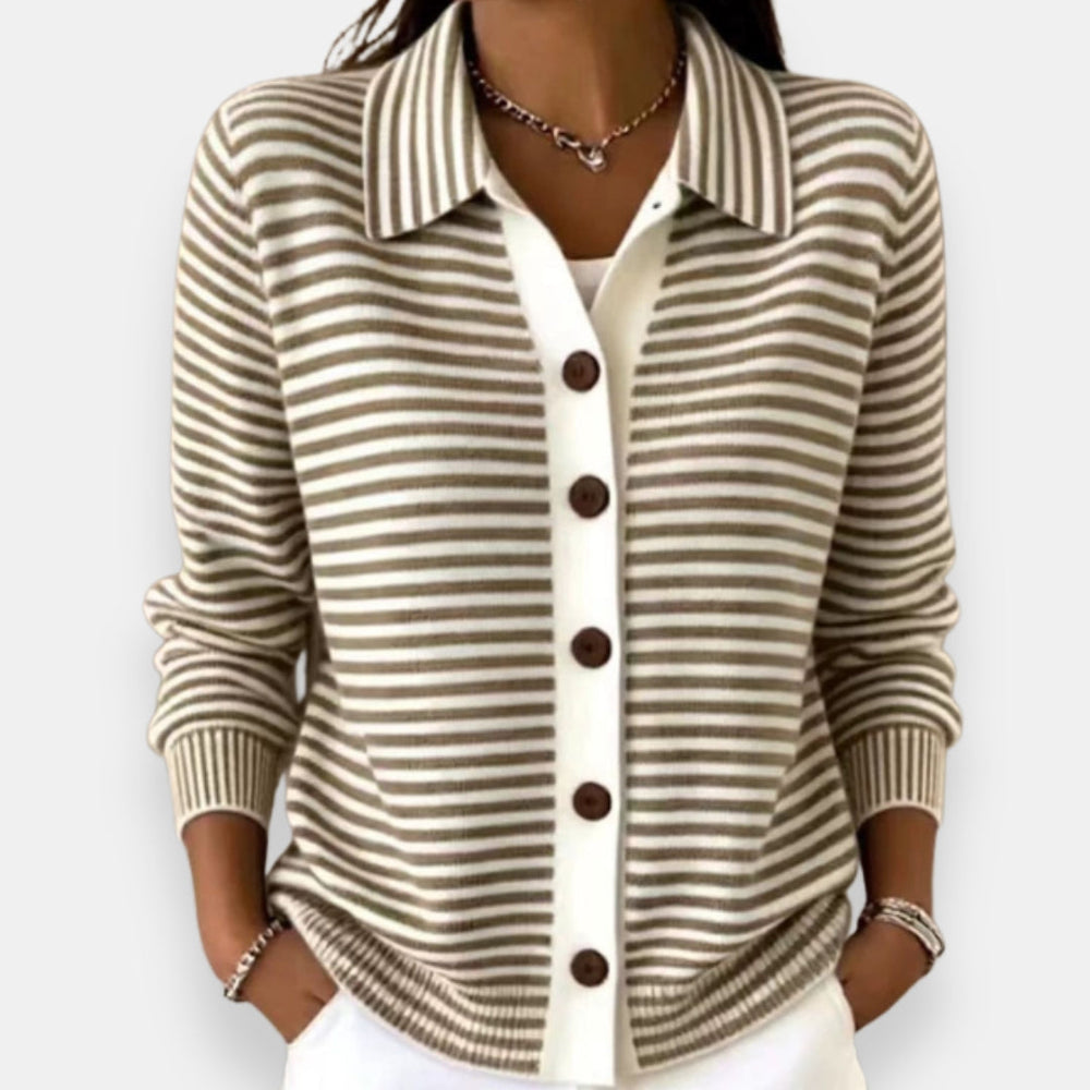 Front view showing shirt collar, button placket and banded cuffs, brown
