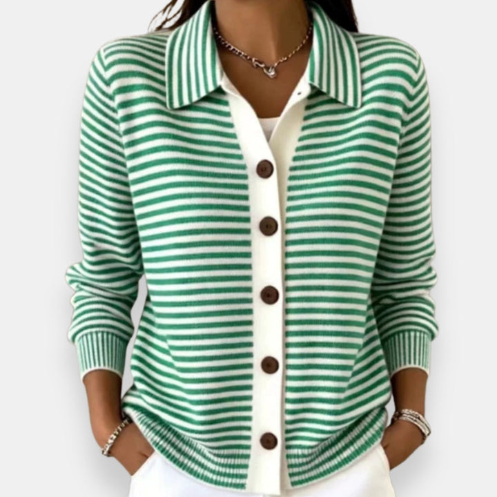 Front view showing shirt collar, striped body and button placket, green
