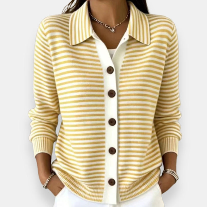 Front view showing shirt collar, button placket and striped body, yellow