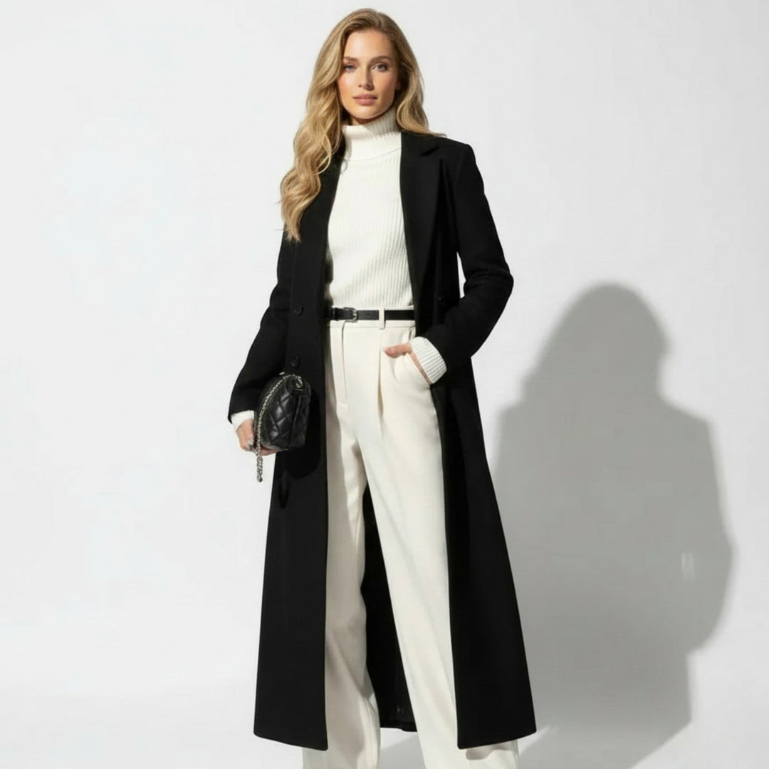 Front view showing lapels, long sleeves and floor-length hem, black