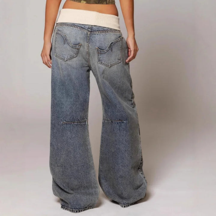 Back view of wide leg jeans with back patch pockets