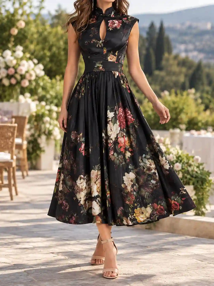 Nevada City | Women’s Mandarin Collar Keyhole Floral Midi Dress