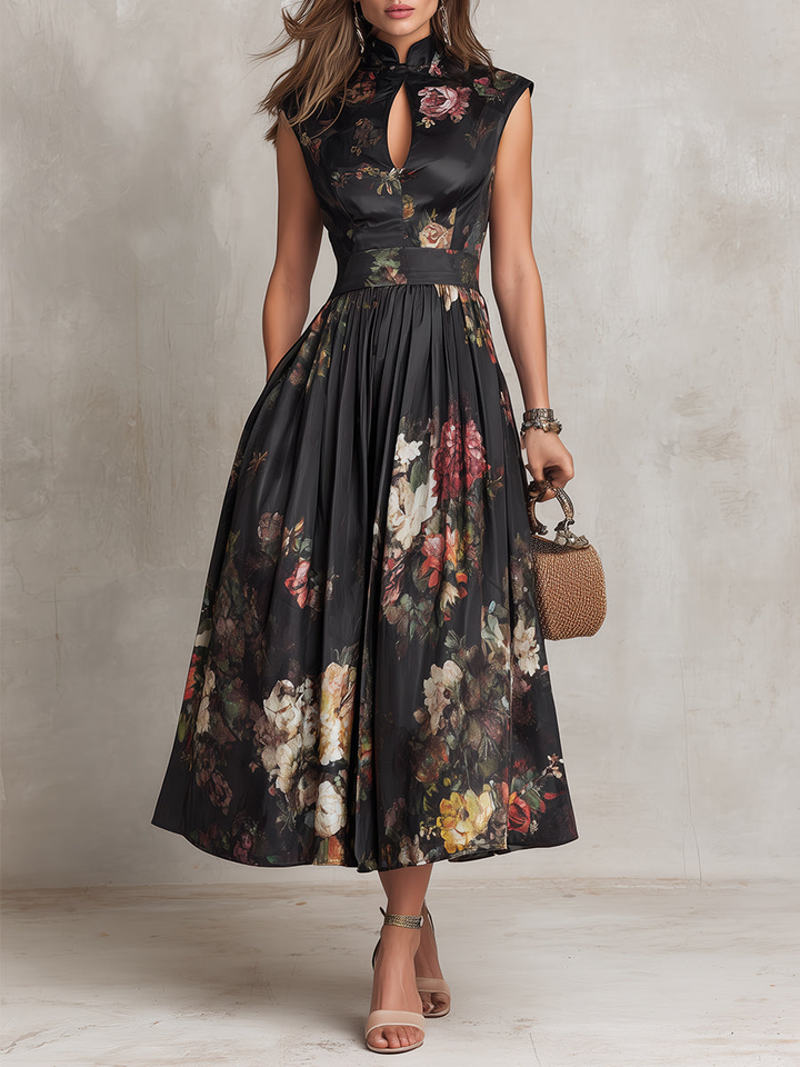 Nevada City | Women’s Mandarin Collar Keyhole Floral Midi Dress