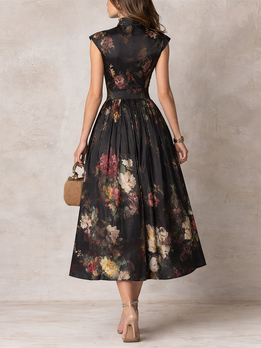 Nevada City | Women’s Mandarin Collar Keyhole Floral Midi Dress