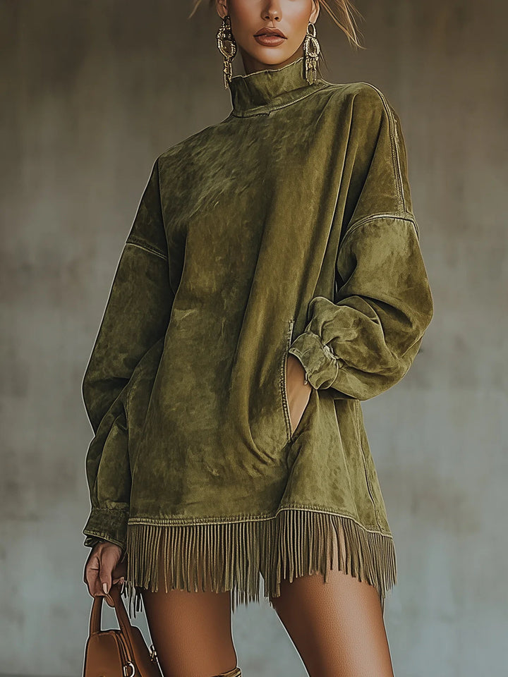Side view of long sleeve knit mini sweater dress