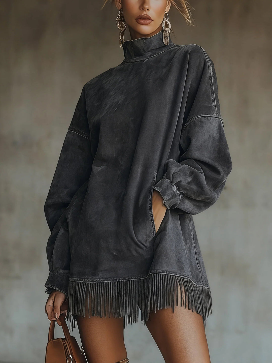 Close-up of mock neckline and ribbed knit detail