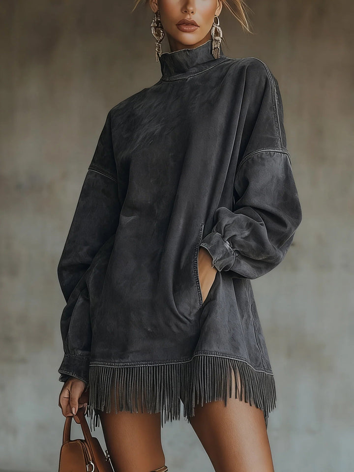 Close-up of mock neckline and ribbed knit detail