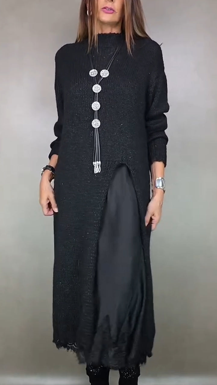 Front view of mock neckline, front slit and slip dress hem