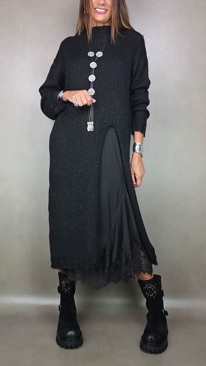 Front view of mock neckline, long sleeves, front slit and lace hem