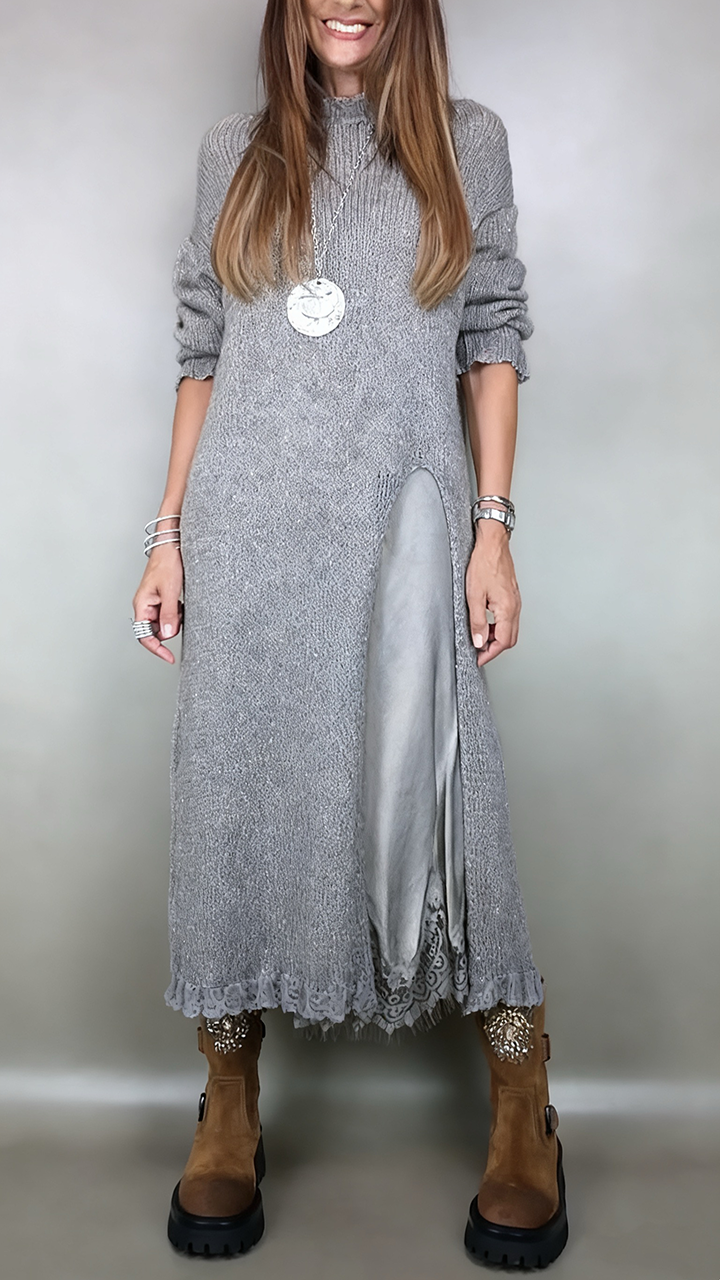 Front view of mock neckline, long sleeves and lace hem, gray