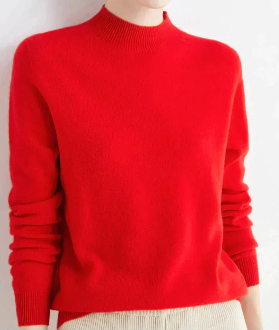 Front view of mock neckline and ribbed cuffs, red