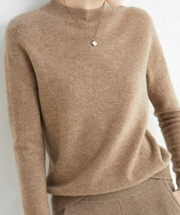Front view of mock neckline and ribbed hem, brown