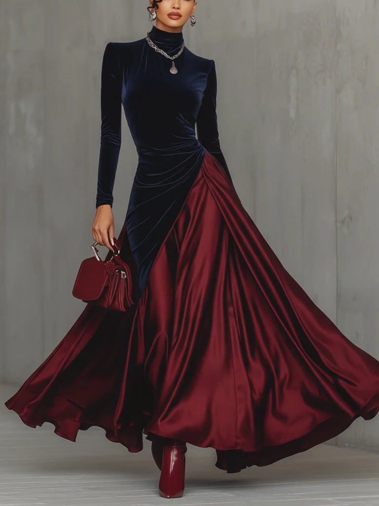 Front view of maxi dress with stand collar, long sleeves and wrap panel, blue