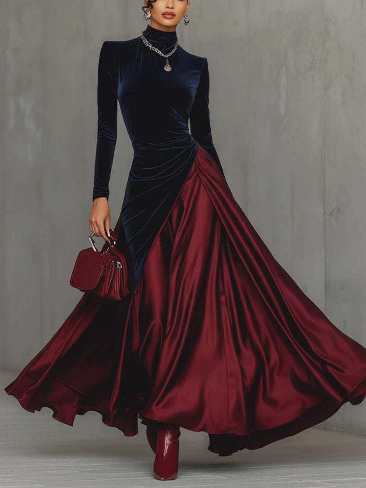 Front view of maxi dress with stand collar, long sleeves and wrap panel, blue