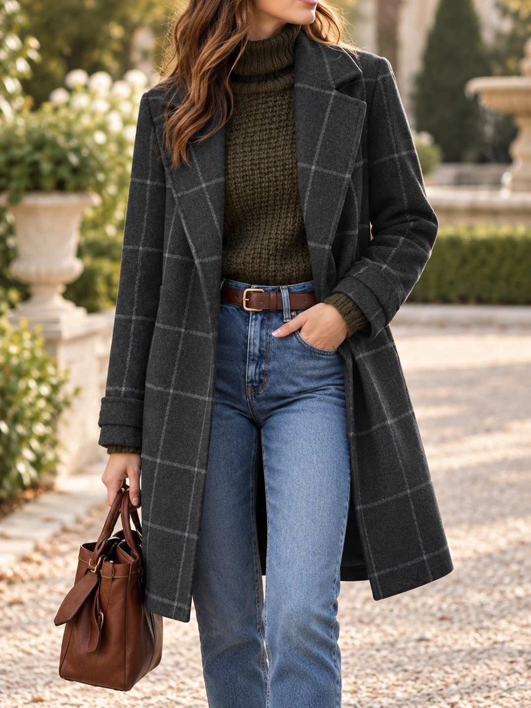 Navarro | Women’s Notched Lapel Button Front Windowpane Coat