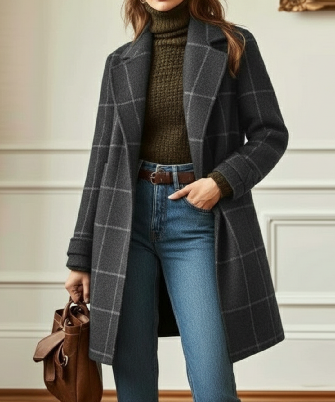 Navarro | Women’s Notched Lapel Button Front Windowpane Coat