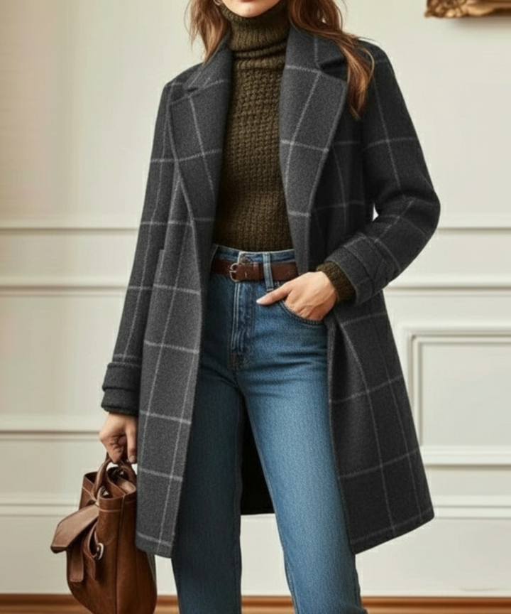 Navarro | Women’s Notched Lapel Button Front Windowpane Coat