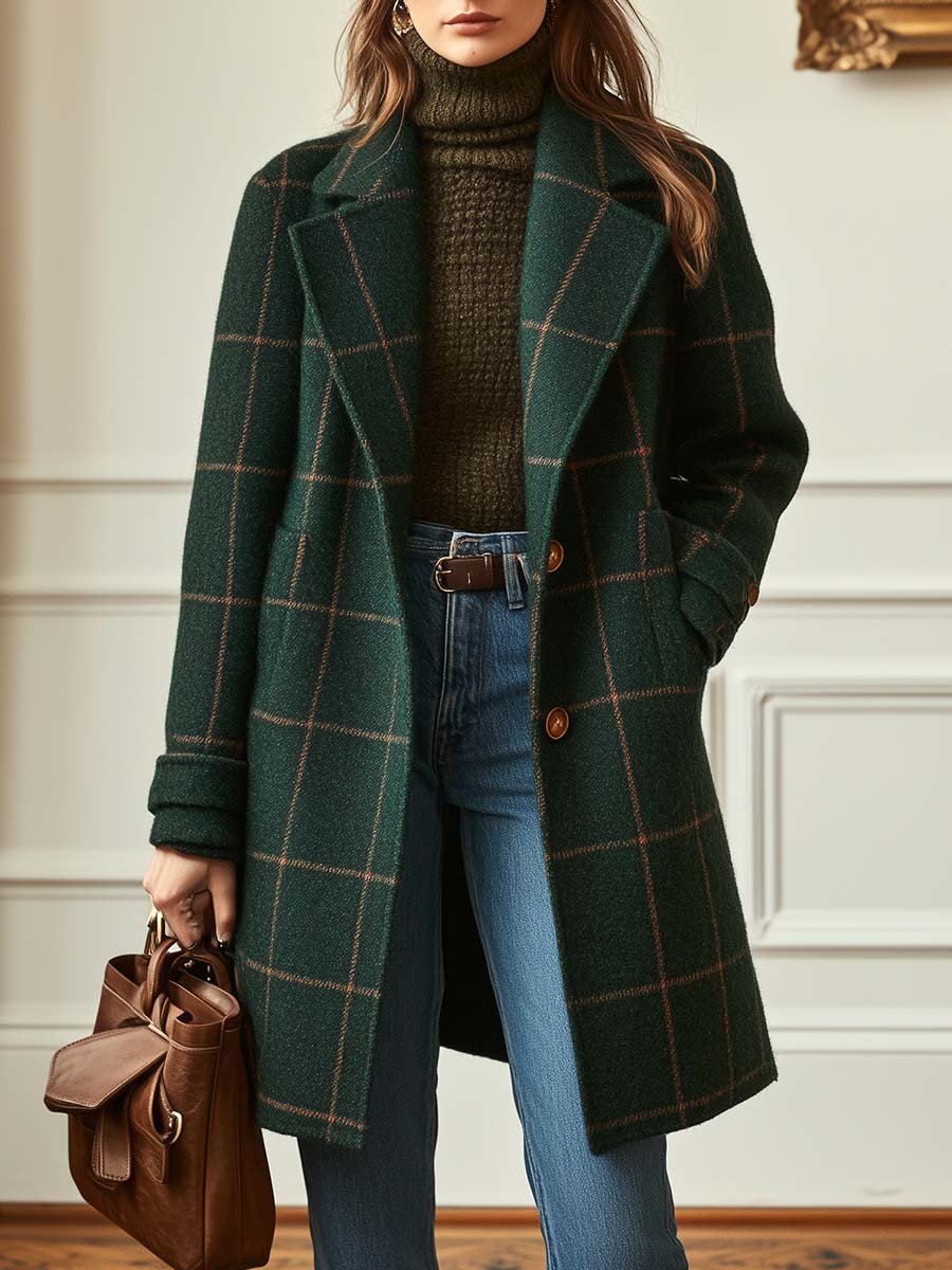 Navarro | Women’s Notched Lapel Button Front Windowpane Coat