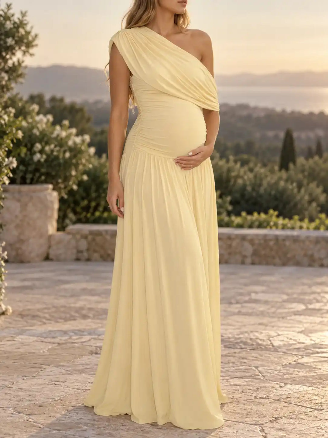 Yountville | Women’s One-Shoulder Ruched Draped Maternity Maxi Dress