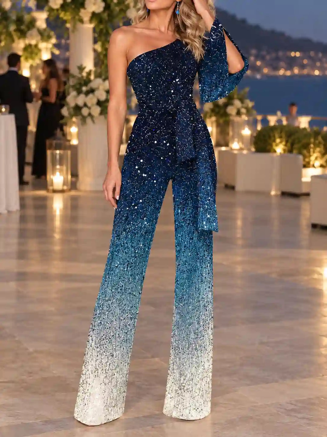 Berryessa | Women’s One-Shoulder Waist-Tie Wide-Leg Jumpsuit