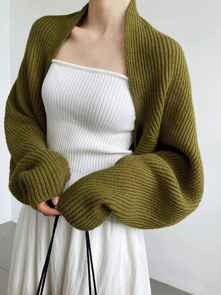 Front view of open-front neckline and long sleeves, olive