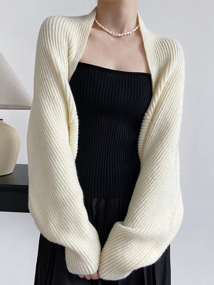 Front view of open-front neckline and long sleeves, off-white
