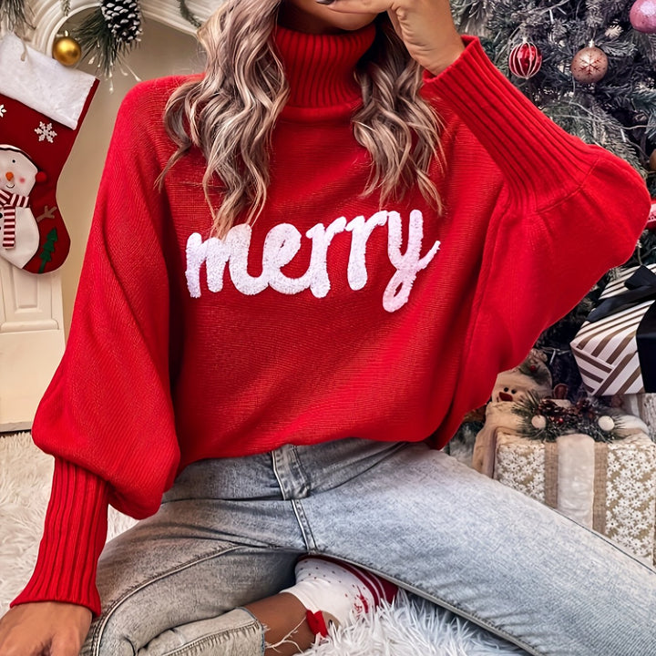 Front view showing turtleneck and graphic front, red