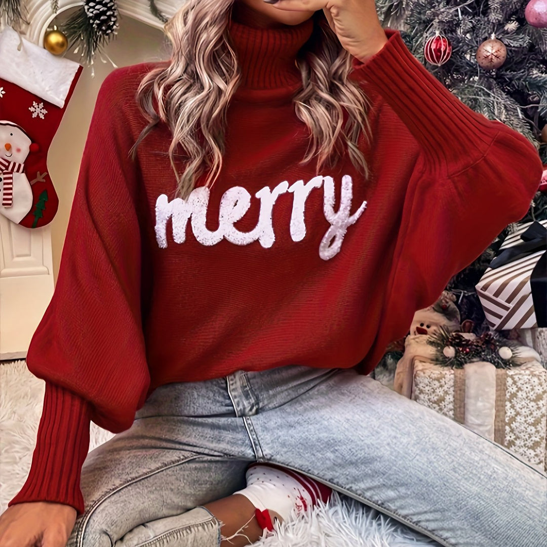 Front view showing turtleneck and graphic front, burgundy