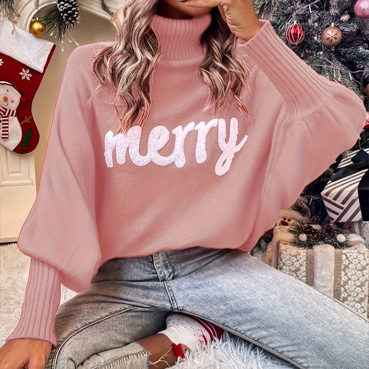 Front view showing turtleneck and graphic front, pink