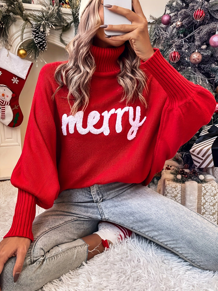 Front view showing turtleneck, batwing sleeves and ribbed cuffs