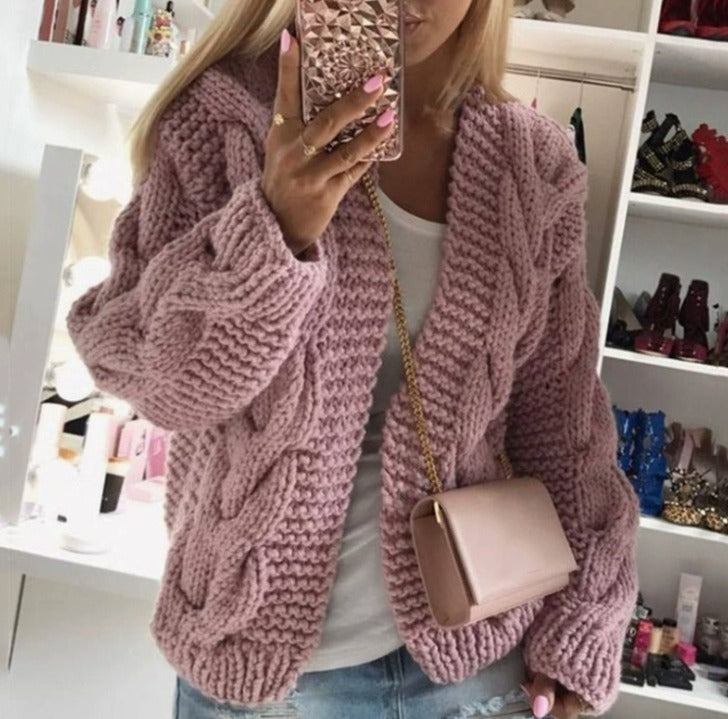 Front view of open front cardigan with long sleeves, pink