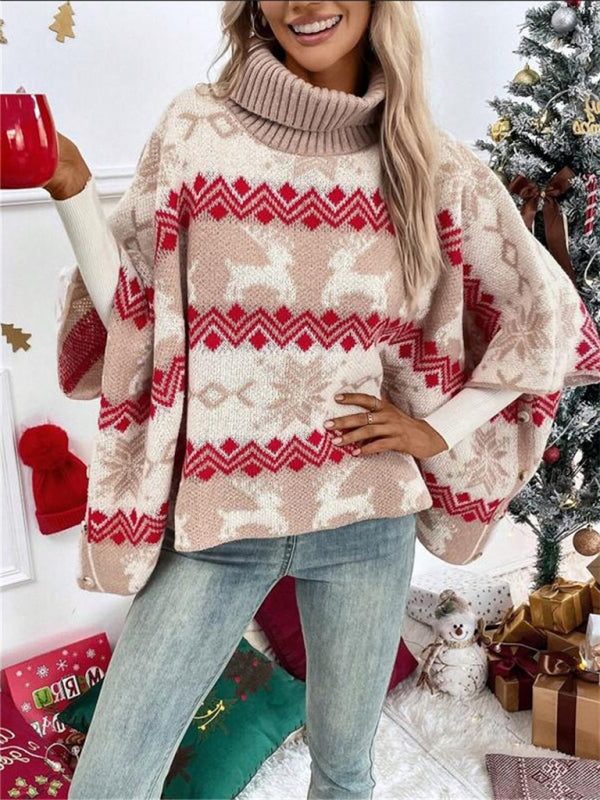 Front view of oversized turtleneck sweater with reindeer pattern and long sleeves, red