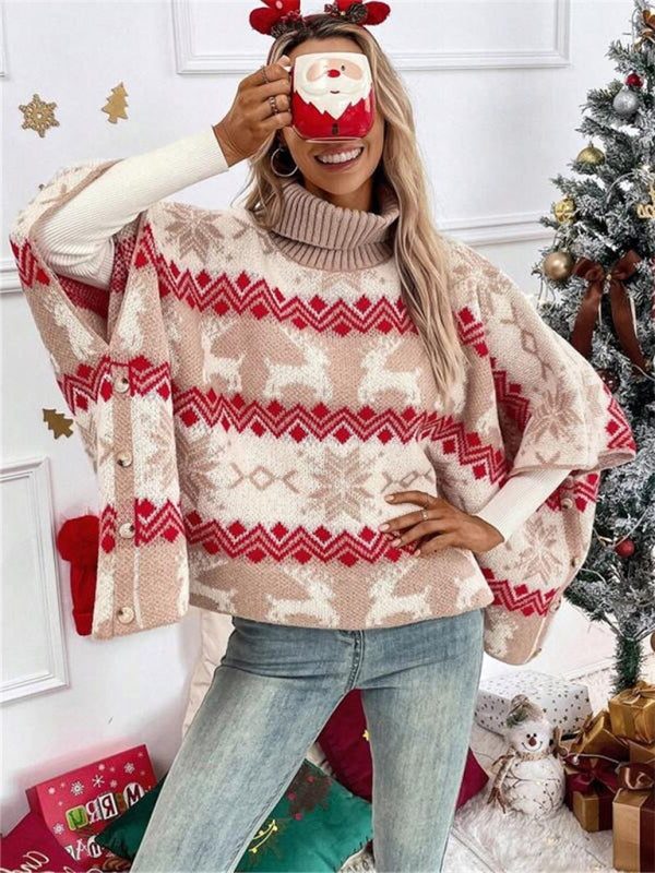 Front view of turtleneck and reindeer pattern with side buttons