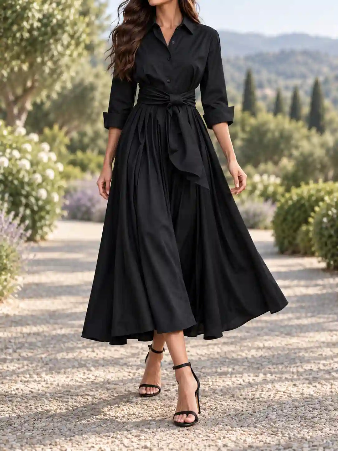 Santa Maria | Women’s Point Collar Button Front Waist Tie Midi Shirt Dress
