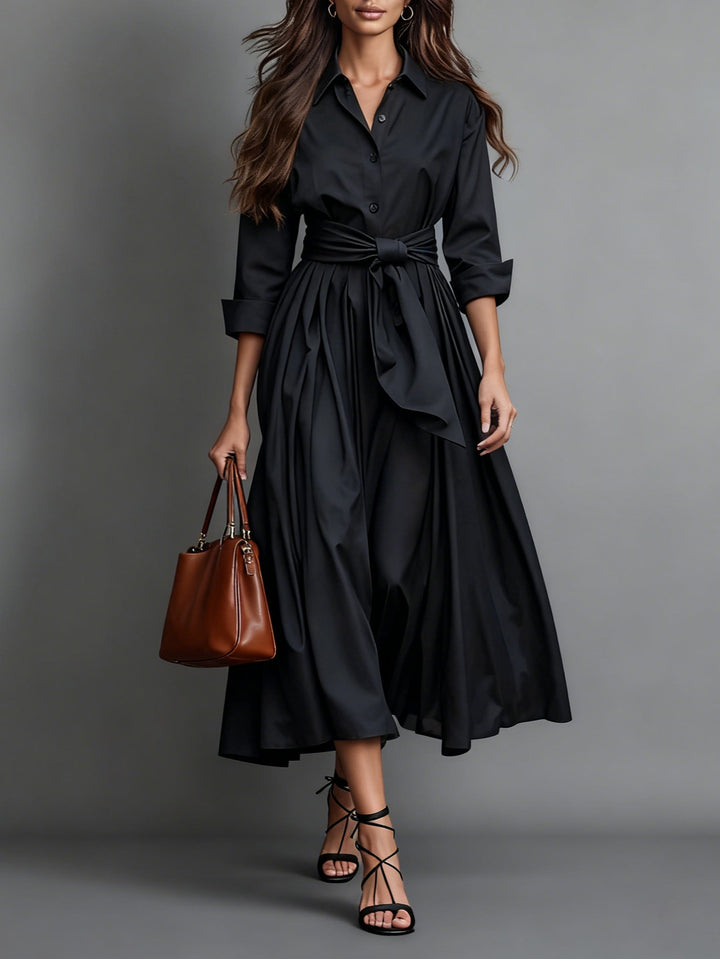 Santa Maria | Women’s Point Collar Button Front Waist Tie Midi Shirt Dress