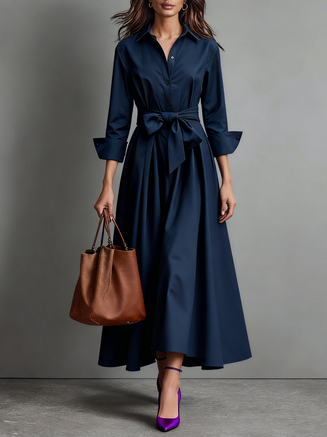 Santa Maria | Women’s Point Collar Button Front Waist Tie Midi Shirt Dress