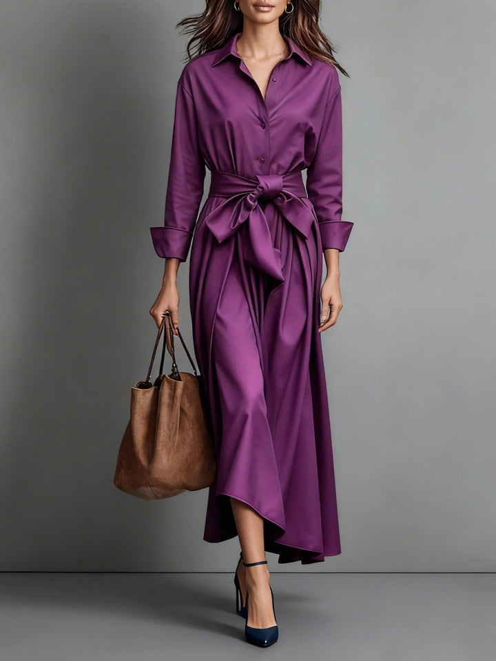 Santa Maria | Women’s Point Collar Button Front Waist Tie Midi Shirt Dress