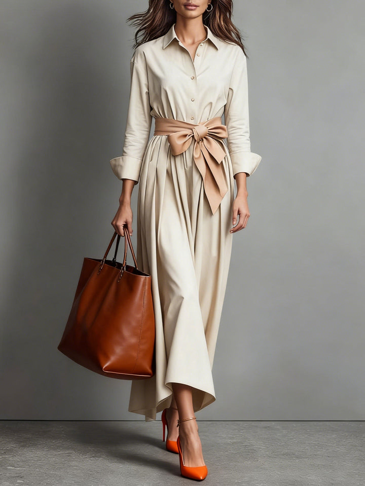 Santa Maria | Women’s Point Collar Button Front Waist Tie Midi Shirt Dress