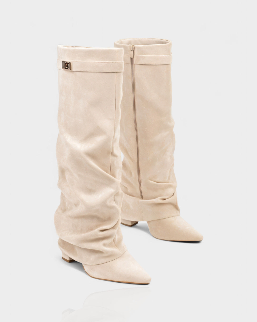 Front view of side zipper, foldover shaft and pointed toe