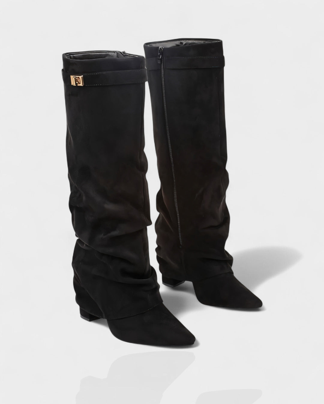 Front view of side zipper, foldover shaft and pointed toe