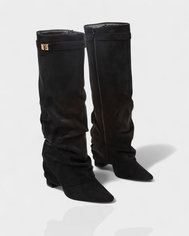 Front view of side zipper, foldover shaft and pointed toe